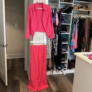 SHEIN EZwear Solid Button Front Shirt & Wide Leg Pants PINK